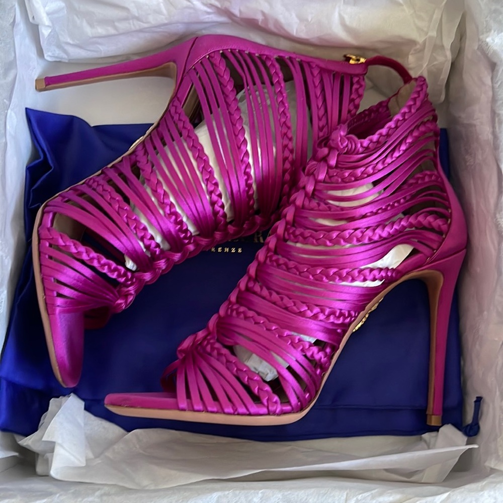 Aquazurra Pink Goddess Satin Strappy Heels 38.5 8